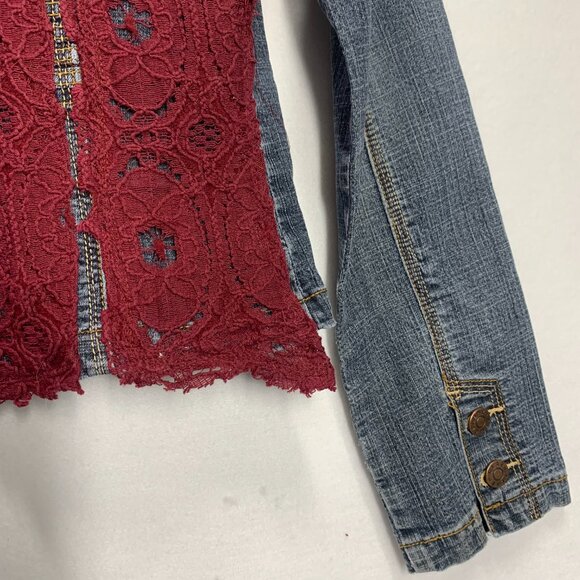 Elegant Boho Denim Jacket Embellished Lace Beaded Handcrafted Luxe Rockstar - Picture 5 of 11